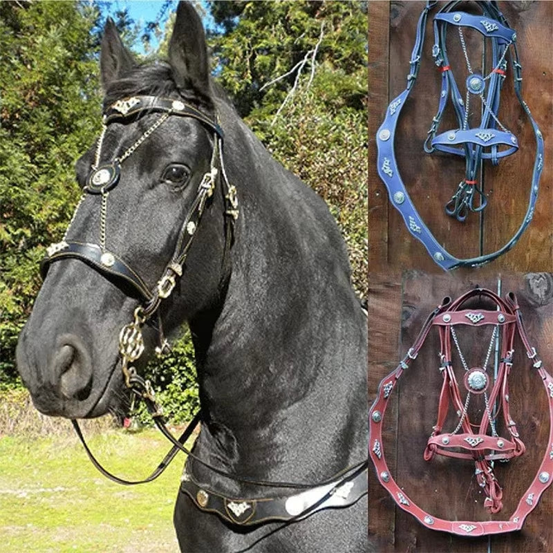 Horse Halters and Lead Ropes PU Leather Halter and Lead Ropes Ergonomic Comfortable Unfettered Halters with Metal Buckle